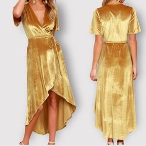 Lulus Amour Golden Velvet Wrap Hi Low Midi Dress Sz Small Short Sleeve V Neck